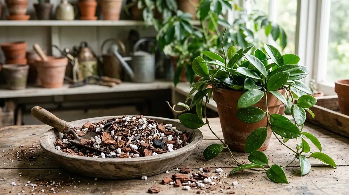 Potted hoya plant next to a bowl of chunky potting mix on a wooden workbench