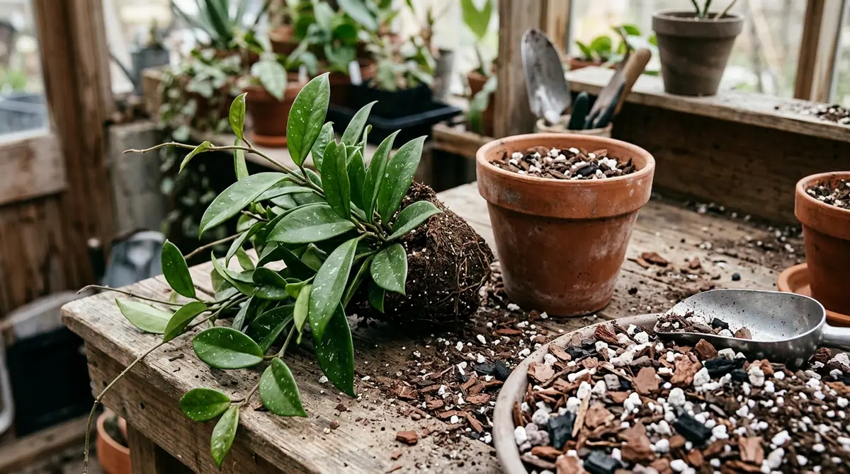 Hoya plant with bare roots on a potting bench next to empty terracotta pots and soil mix