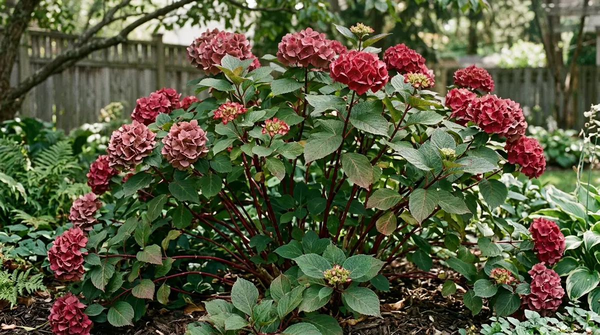 Hydrangea shrub with reddish-pink blooms and prominent red stems growing in a backyard garden
