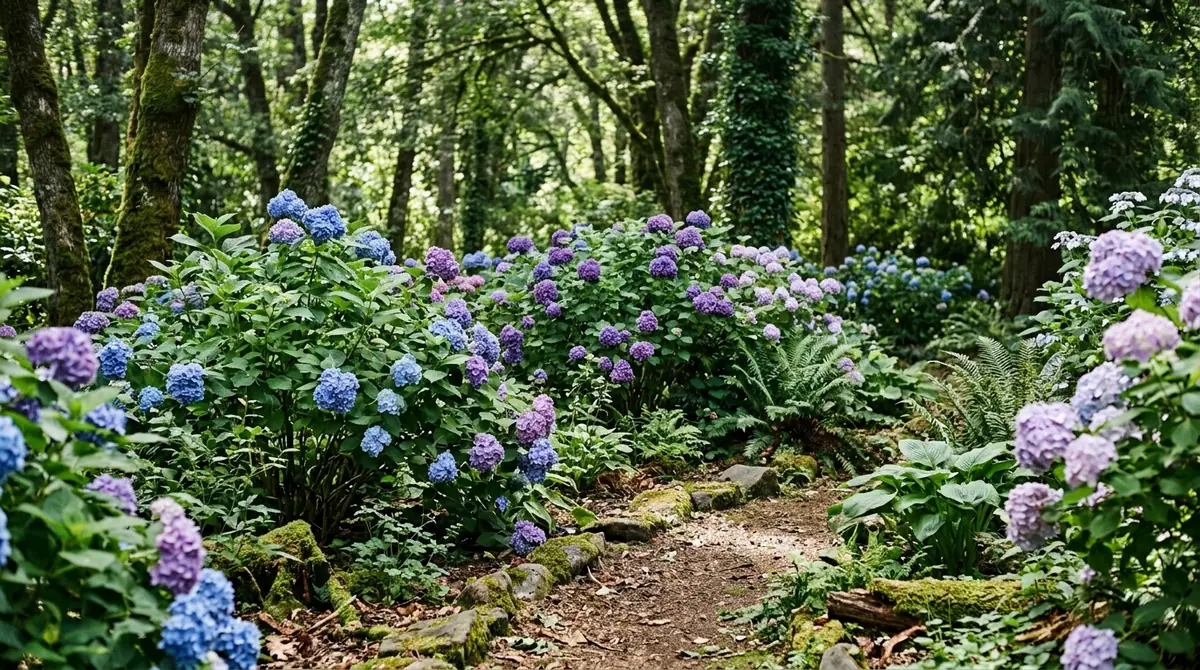Blooming blue and purple hydrangeas line a shaded woodland garden path