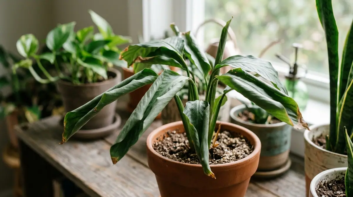 Indoor plant in a terracotta pot with leaves curling inward