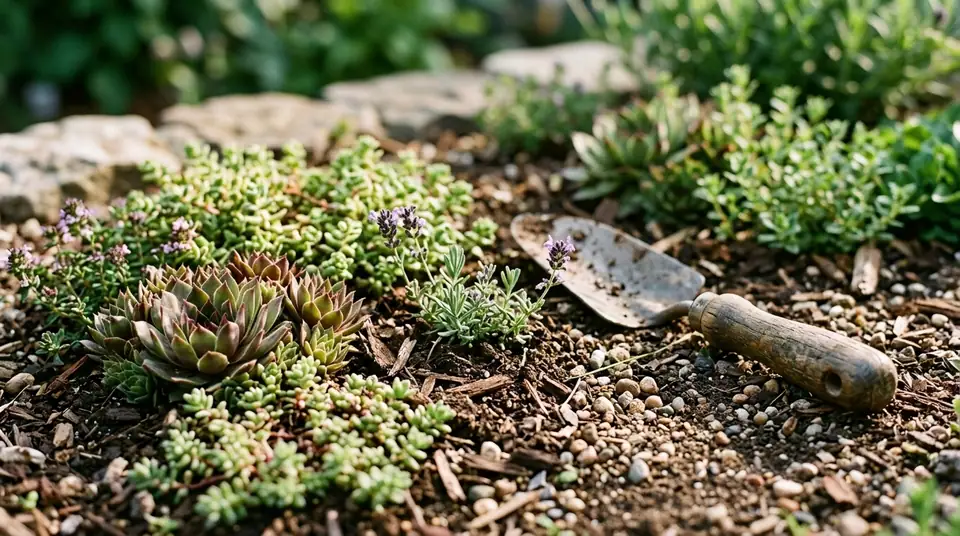 Garden trowel lying in soil next to succulents and low maintenance plants