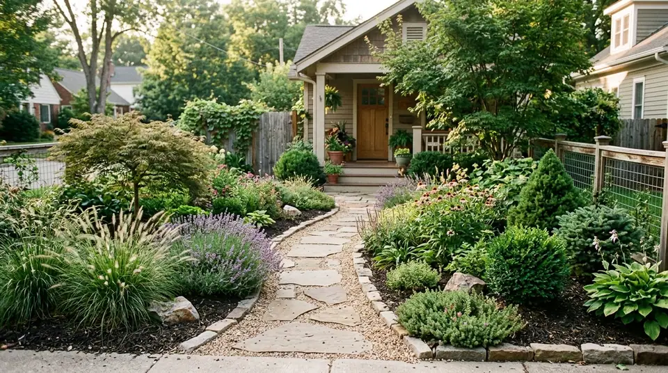 Stone walkway framed by lush perennials, grasses, and shrubs leading to a small house