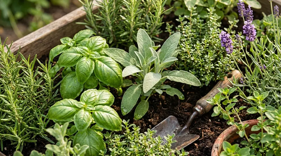 Assortment of vibrant culinary herbs growing in a wooden garden planter with a trowel