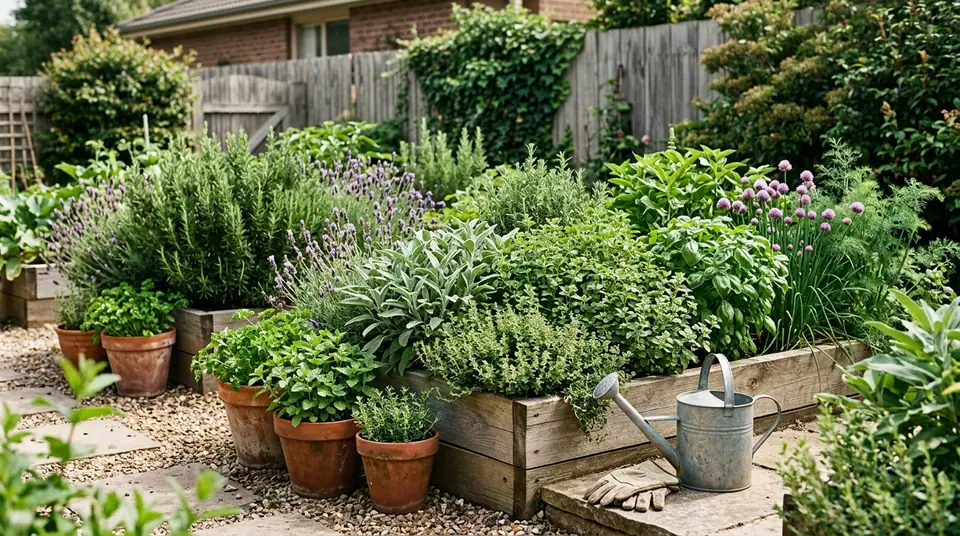 Vibrant herb garden in wooden raised beds and terracotta pots with a watering can