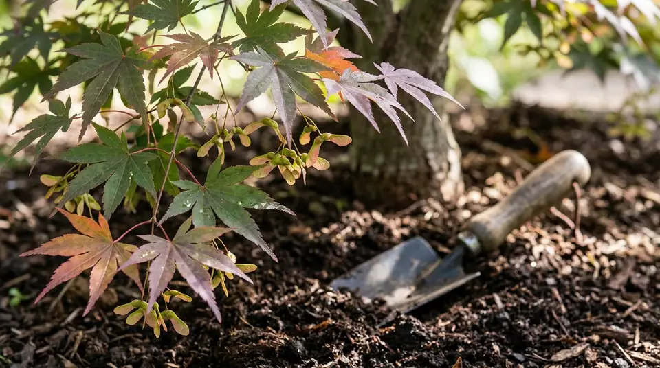 Close-up of a Japanese maple tree trunk with colorful leaves and a trowel in mulch soil