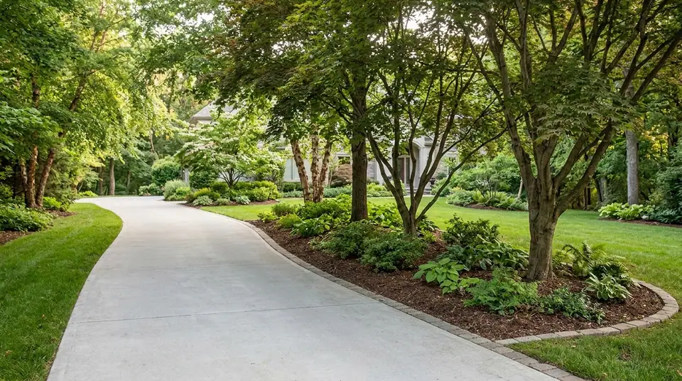 Curving concrete driveway bordered by mature trees and lush garden beds leading to a home