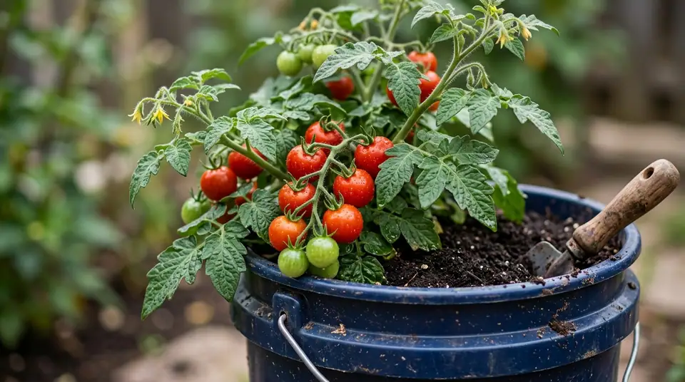 Cherry tomato plant bearing red and green fruit growing in a blue bucket with a small trowel resting in the soil