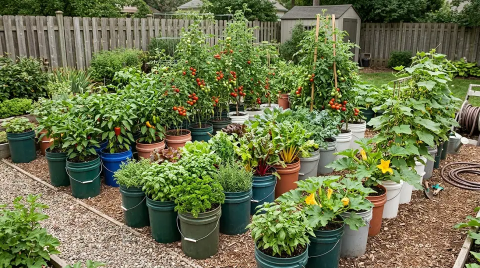 Numerous edible plants growing in five-gallon buckets in a backyard garden