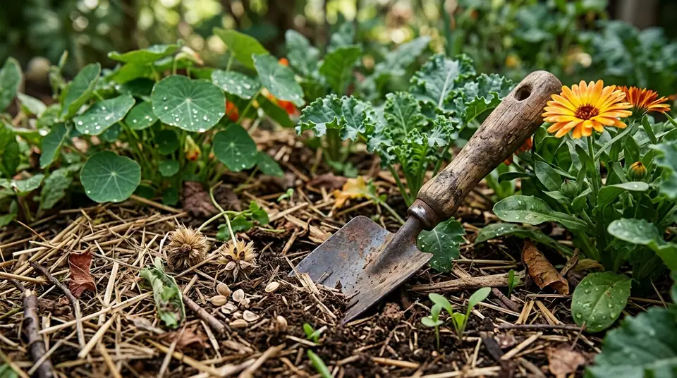 Garden trowel resting in mulched permaculture garden bed with nasturtiums and kale