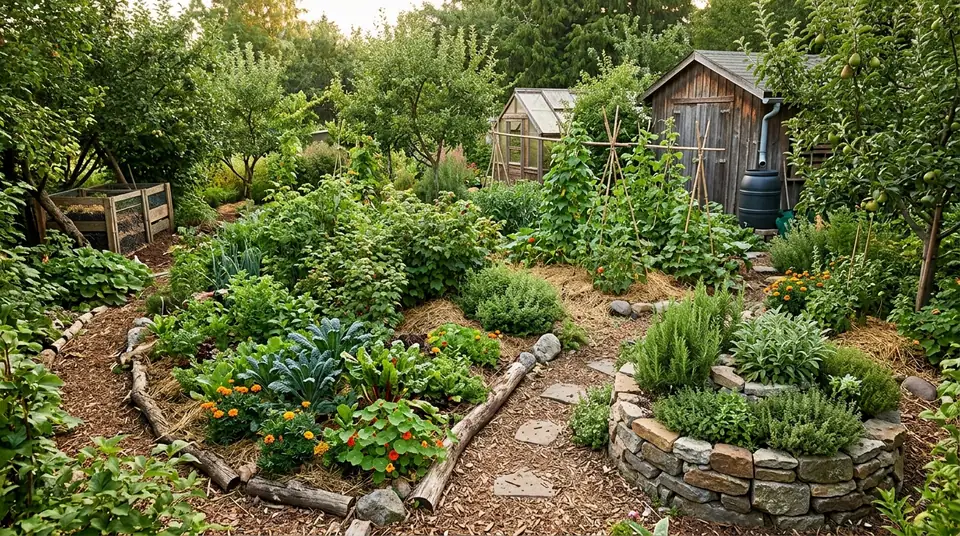 Lush permaculture garden with stone herb spiral and wooden shed