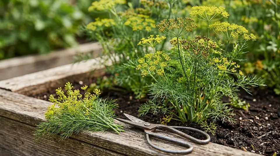 Freshly harvested dill sprigs and garden shears on a wooden raised bed beside the growing plant
