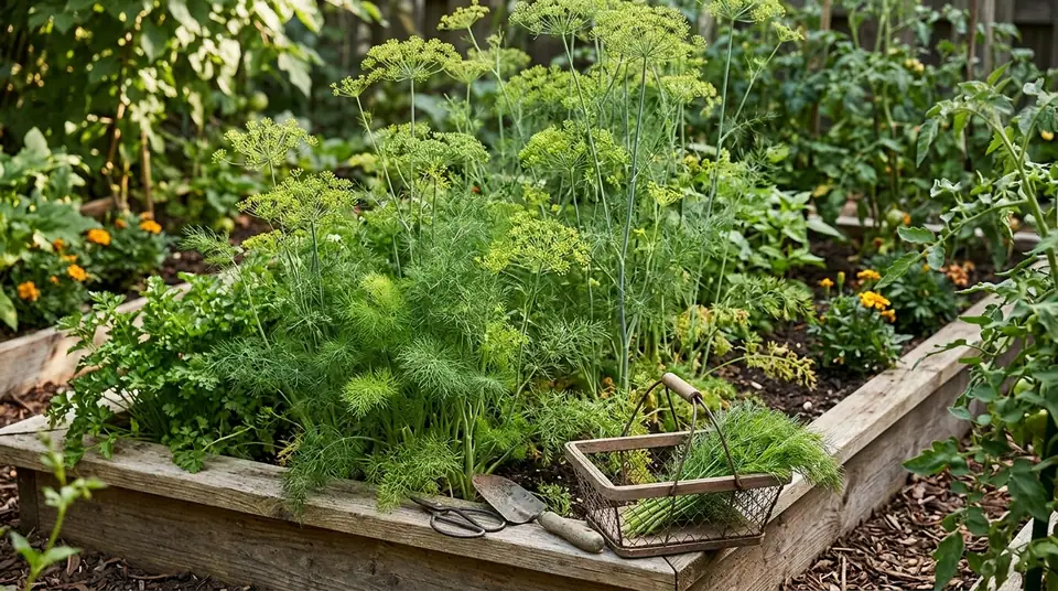 Lush dill plants growing in a raised wooden garden bed with a basket of harvested sprigs