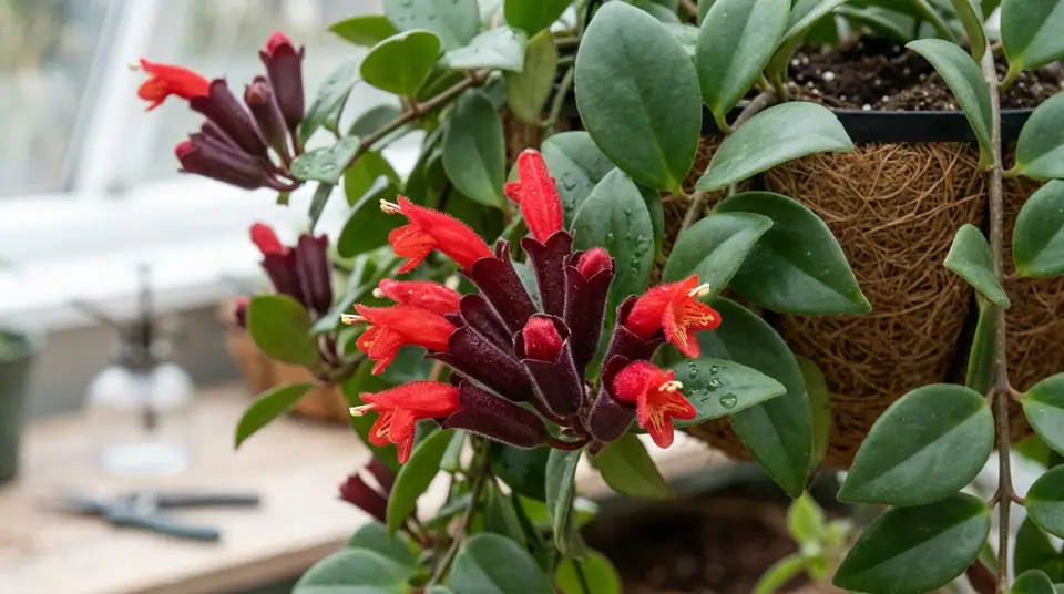 Hanging basket of lipstick plant with dark red buds and bright red blooms