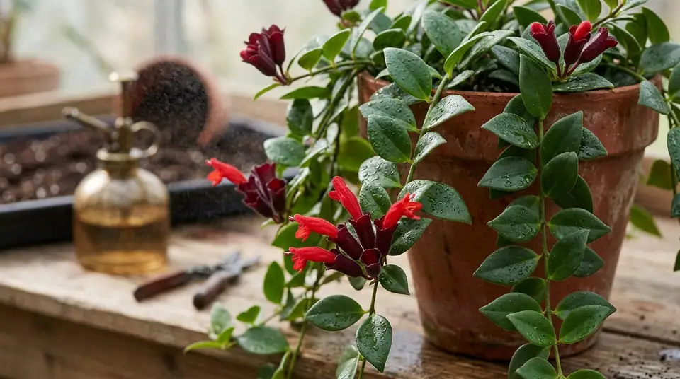 Potted lipstick plant with red blooms and water droplets on its leaves on a workbench