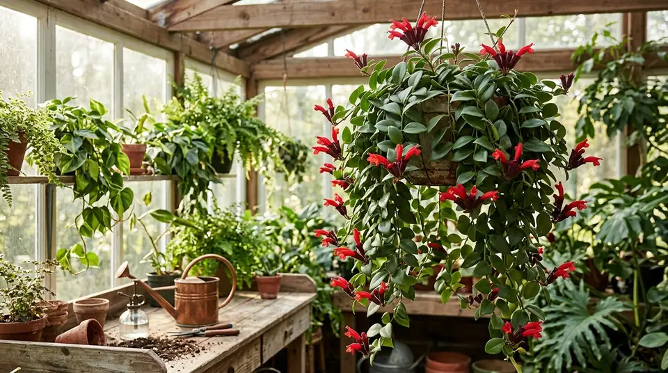 A hanging lipstick plant in full bloom with vibrant red flowers inside a greenhouse
