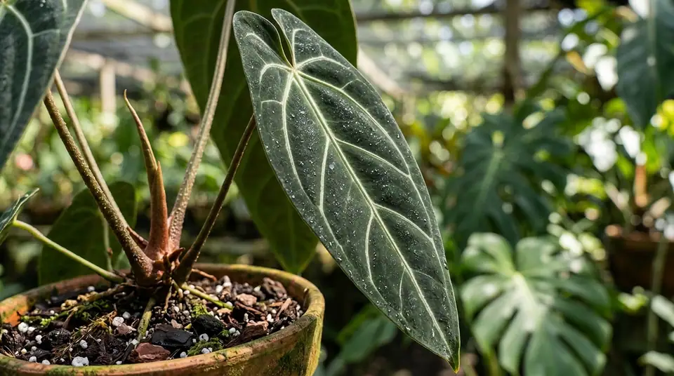 Potted Anthurium metallicum plant with velvety, dark green leaves showing pale veins