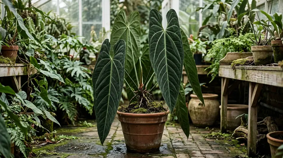 Potted Anthurium metallicum with dark velvety leaves in a greenhouse