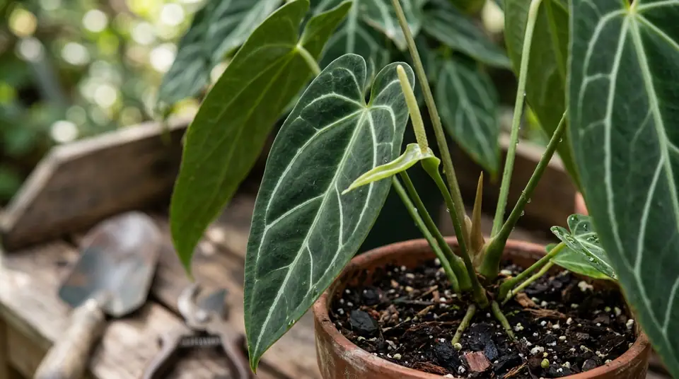 Potted Anthurium villenaorum Croat with velvety green leaves and a spadix on a wooden potting bench