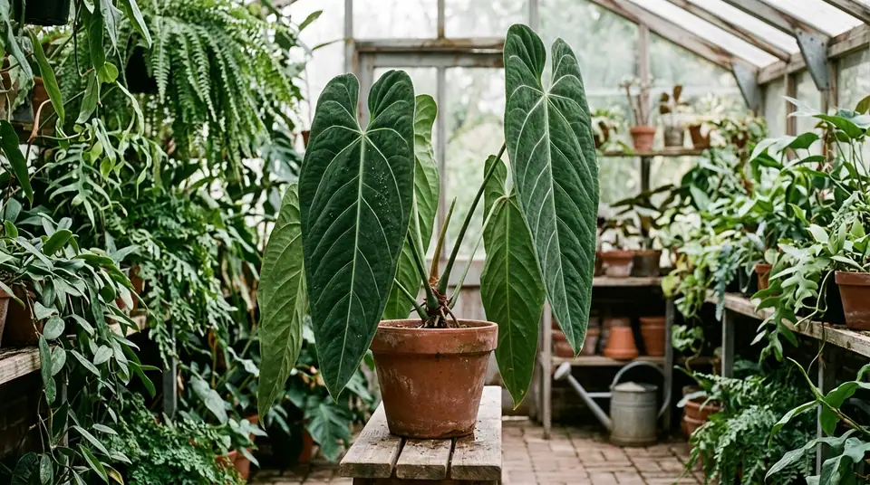 Anthurium villenaorum croat in a terracotta pot inside a bright greenhouse