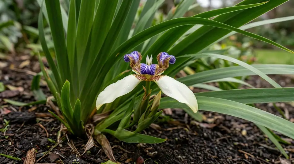 White and purple Apostles iris flower blooming among long green leaves in a garden bed