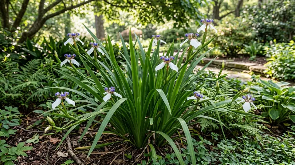 Apostles iris plant with white and purple blooms in a garden setting