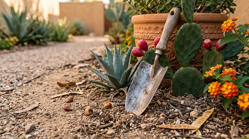 Garden trowel in a desert backyard with cactus and agave