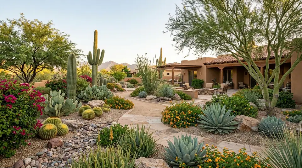 Lush Arizona backyard landscape with saguaro cacti, agave, and native shrubs along a stone path
