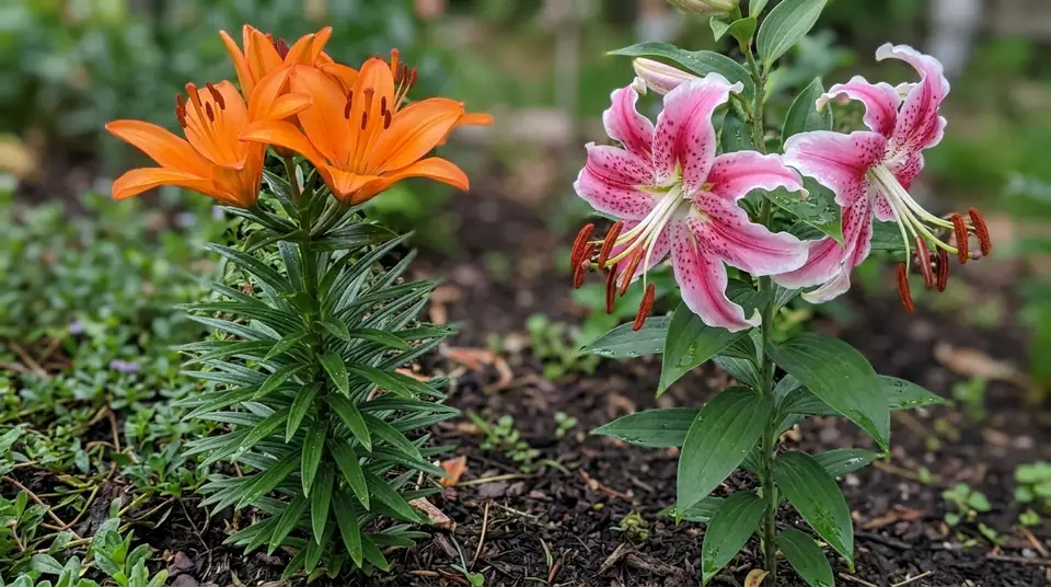 Bright orange Asiatic lily and pink Oriental lily blooming in a garden bed