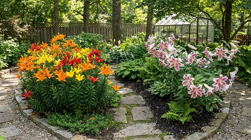 Vibrant orange and yellow Asiatic lilies alongside pink and white Oriental lilies in a garden path setting