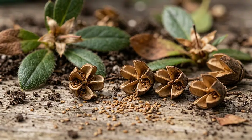 Open azalea seed pods and tiny seeds scattered on soil