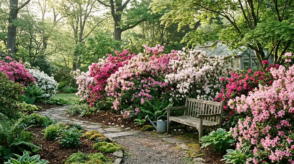 Wooden bench beside a stone path through a garden filled with blooming pink and white azalea bushes