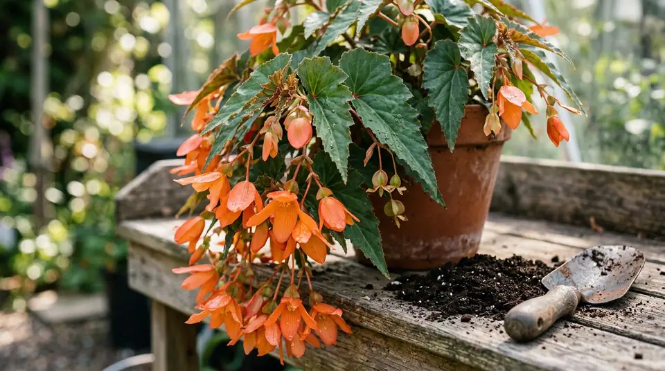 Potted begonia waterfall plant with cascading orange blossoms on a wooden potting bench beside a trowel