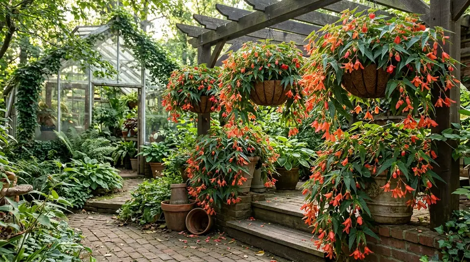 Cascading orange begonia waterfall plants in hanging baskets and pots near a greenhouse