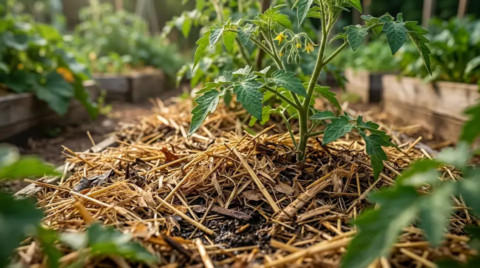 Young tomato plant surrounded by straw mulch in a raised garden bed