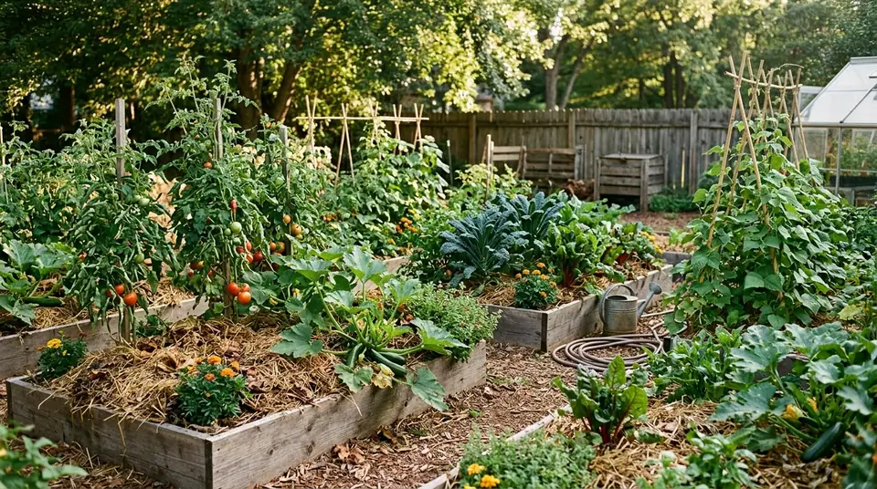 Raised garden beds filled with vegetables mulched with straw