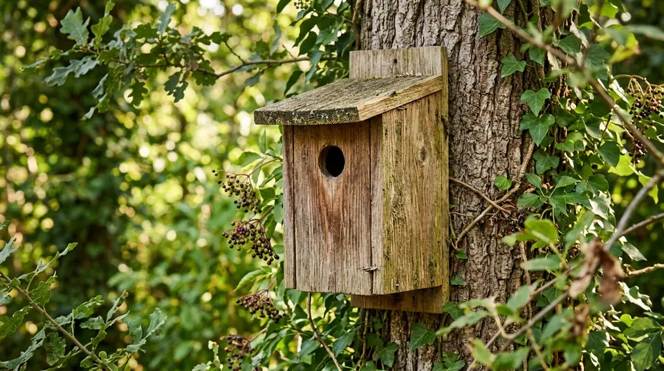 Rustic wooden bird nesting box mounted on a tree trunk surrounded by green foliage