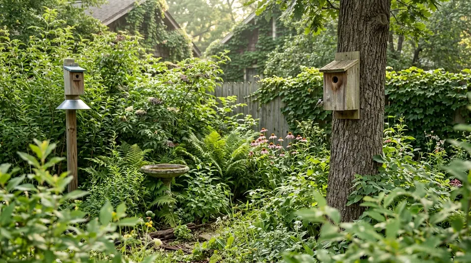 Wooden bird nesting boxes installed on a tree and post in a lush, green backyard garden