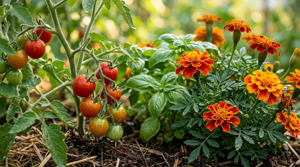 Bright marigold flowers, basil, and cherry tomatoes growing together in a garden bed