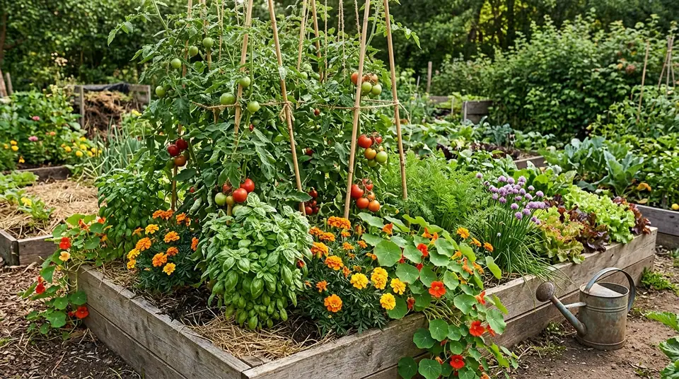 Raised garden bed with tomatoes, basil, and marigolds growing together