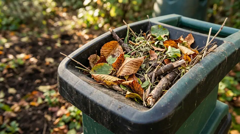 Green compost shredder hopper filled with dry leaves twigs and garden waste in a backyard