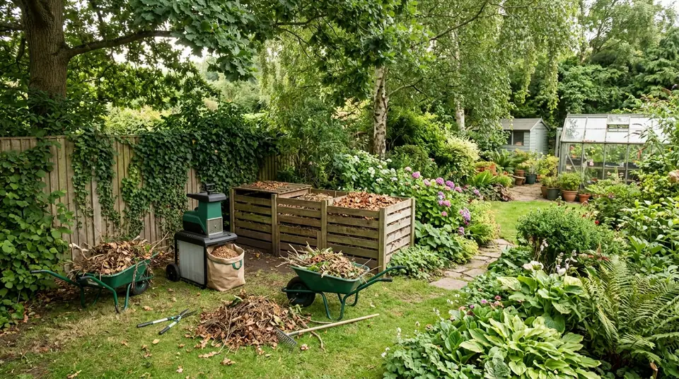 Green compost shredder, wheelbarrows filled with garden waste, and wooden bins in a lush backyard