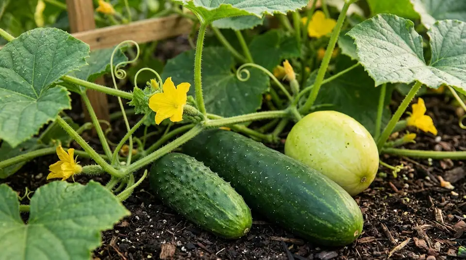 Vines with yellow blossoms and various cucumbers resting on rich garden soil