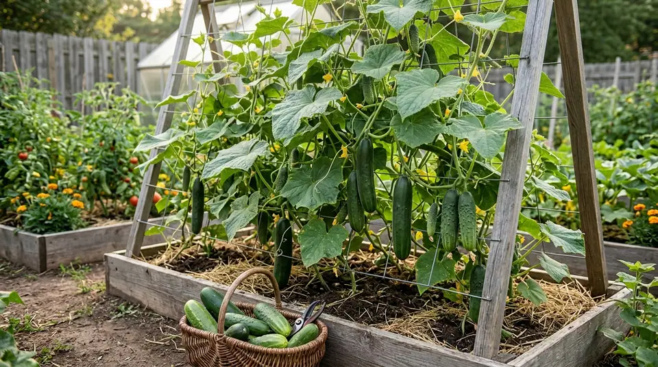 Cucumber plant growing on an A-frame trellis in a raised garden bed with a basket of harvested cucumbers