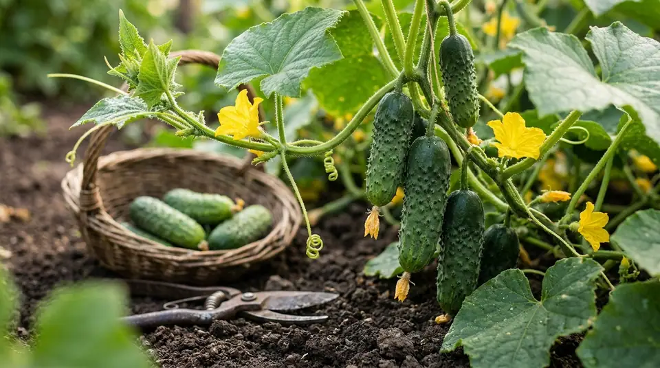Spiny pickling cucumbers hanging on vines with yellow blossoms beside a basket of harvested ones