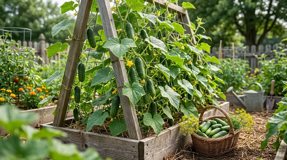 Green cucumbers hanging on a wooden trellis in a garden bed with a basket of harvested cucumbers nearby