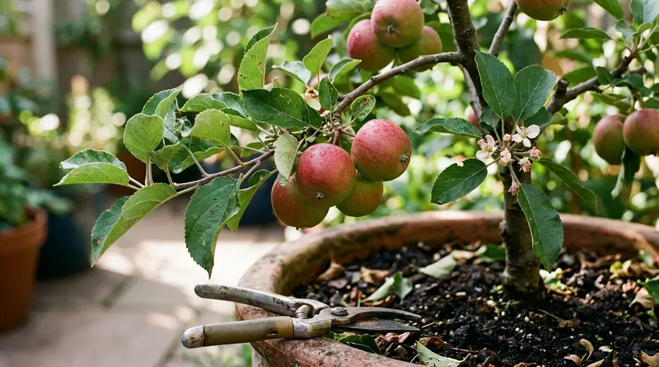 Dwarf apple tree in a terracotta pot with pruning shears resting on the soil