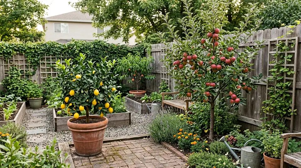Dwarf fruit trees growing in pots and garden beds in a small backyard