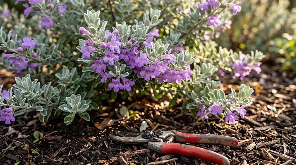 Pruning shears resting on mulch in front of a blooming Texas sage shrub