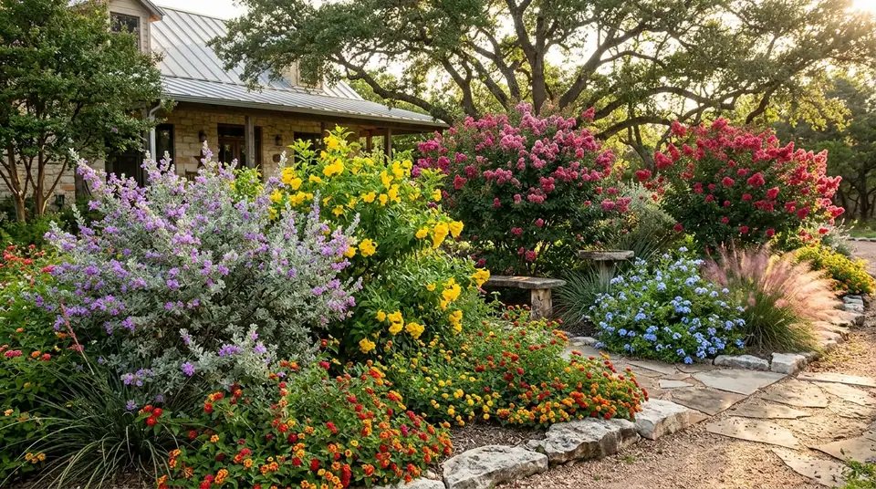 Flowering shrubs like purple sage and yellow bells blooming in a sunny Texas garden